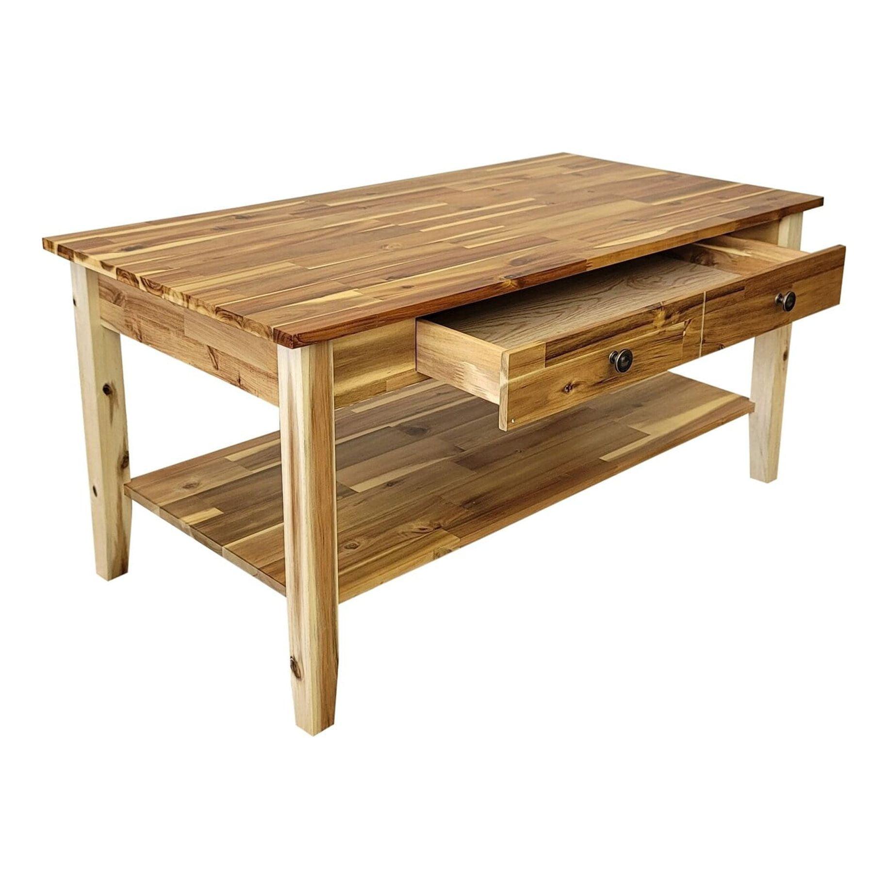 Solid Acacia Coffee Table with Drawer & Bottom Shelf Natural