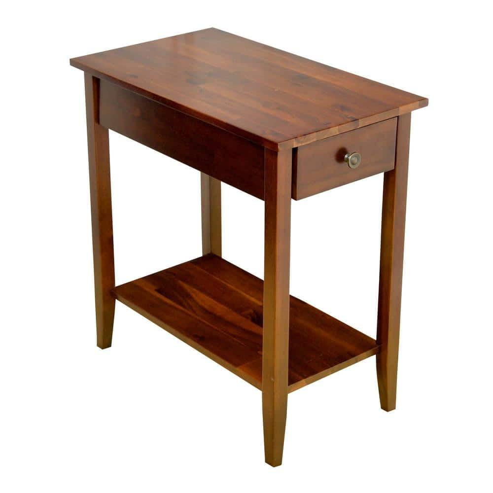 Mahogany Acacia Wood End Table with Drawer and Shelf