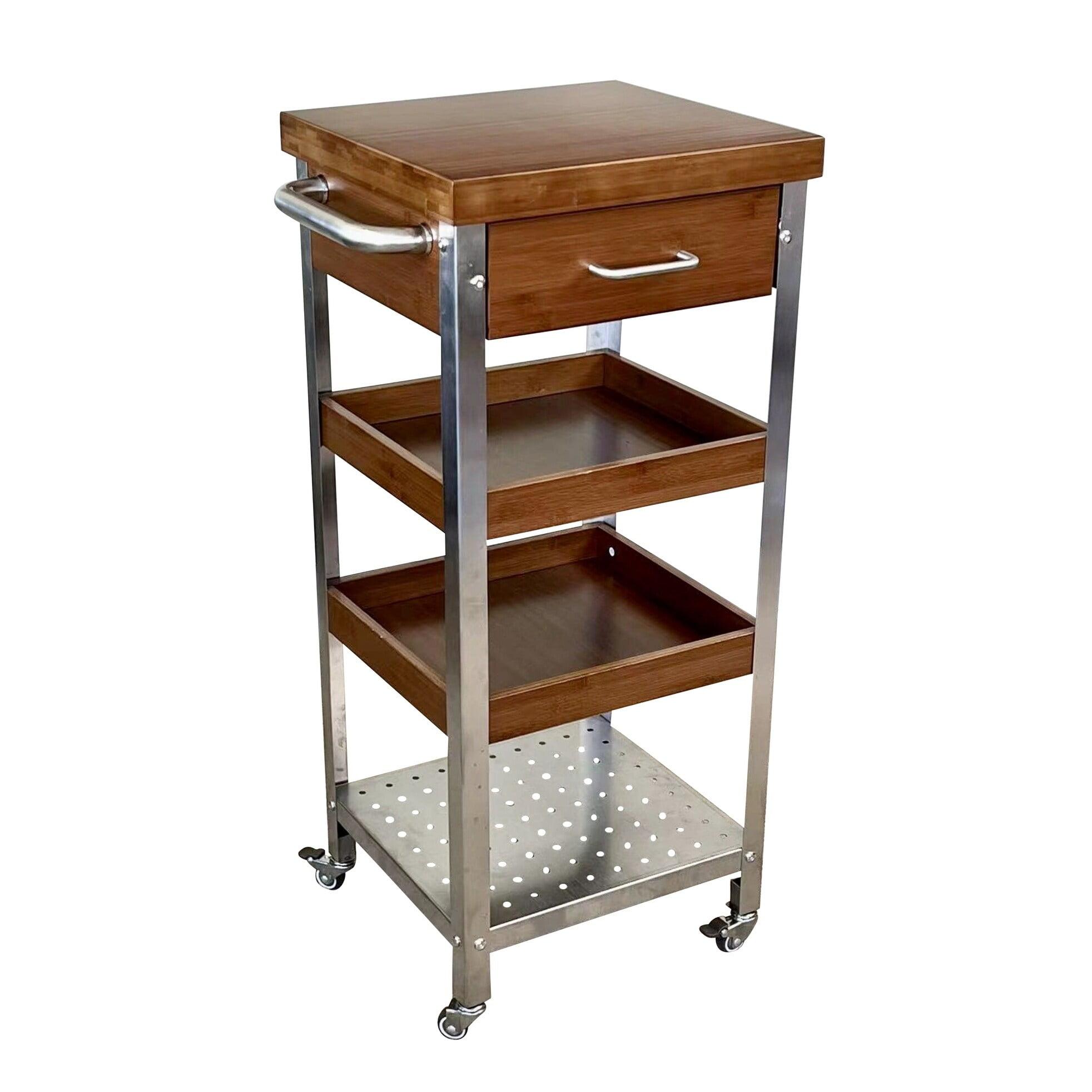 Solid Bamboo & Stainless Steel Kitchen Cart Tower with Drawer