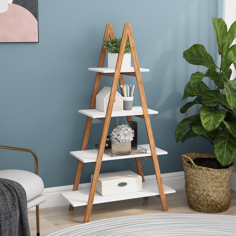 Solid Bamboo Wood A-Shaped Display Shelves, Classic 4-Tier Ladder Bookshelves with Open Shelf and Inclined Legs for Living Room, Office, White&Natural