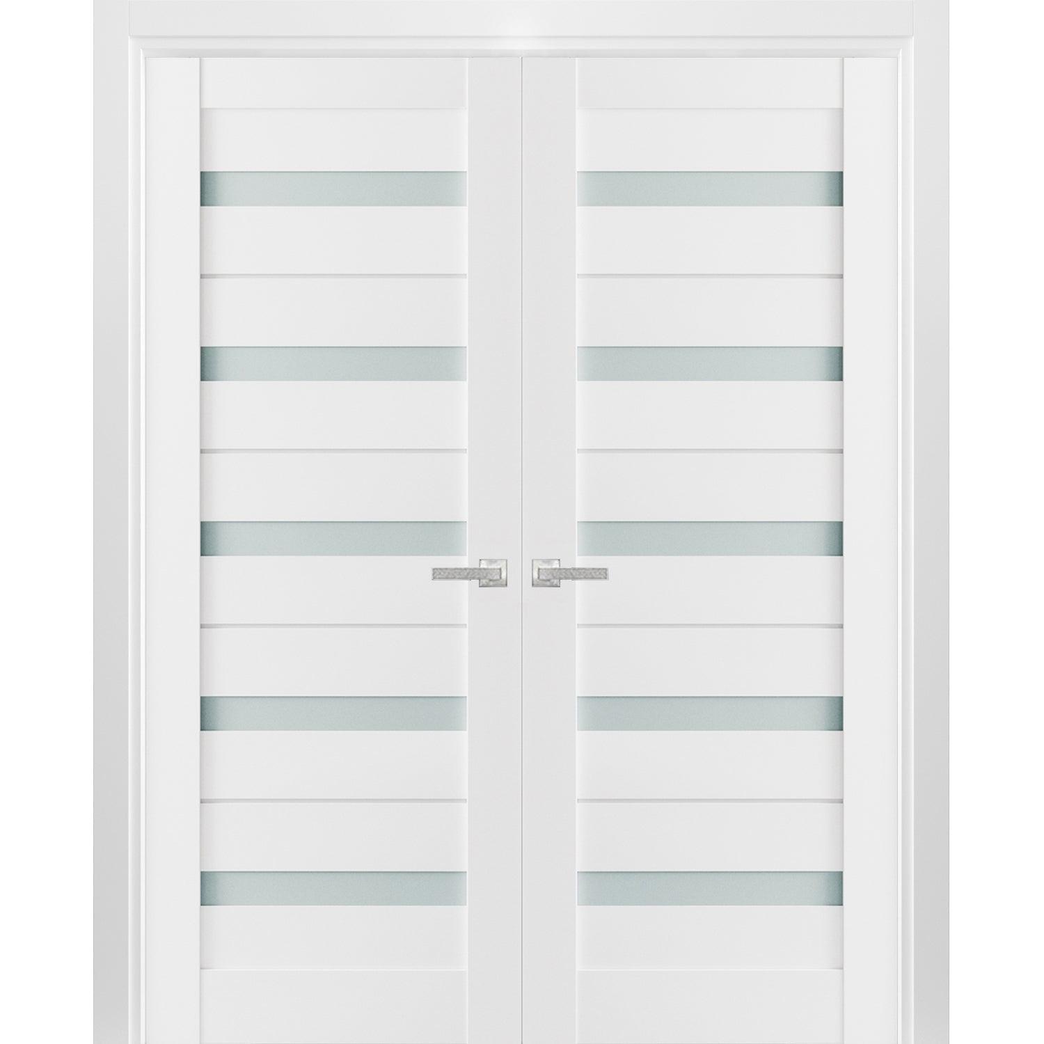 Solid French Double Doors 36 x 80 Inches Frosted Glass White Pine