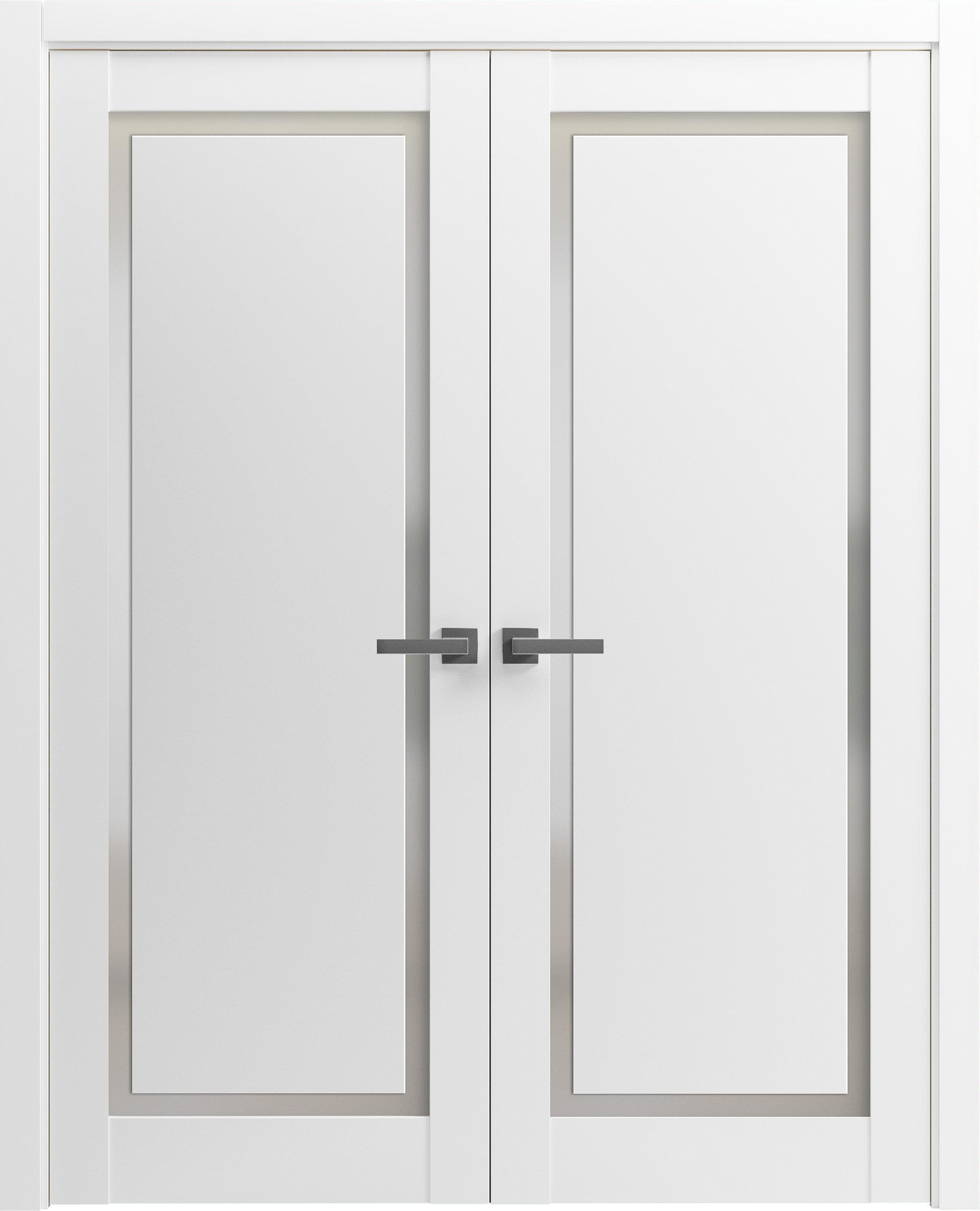 Solid French Double Doors | Planum 0888 Painted White With Frosted Glass | Wood Solid Panel Frame Trims | Closet Bedroom Sturdy Doors
