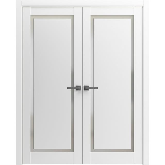 Solid French Double Doors | Planum 0888 Painted White With Frosted Glass | Wood Solid Panel Frame Trims | Closet Bedroom Sturdy Doors