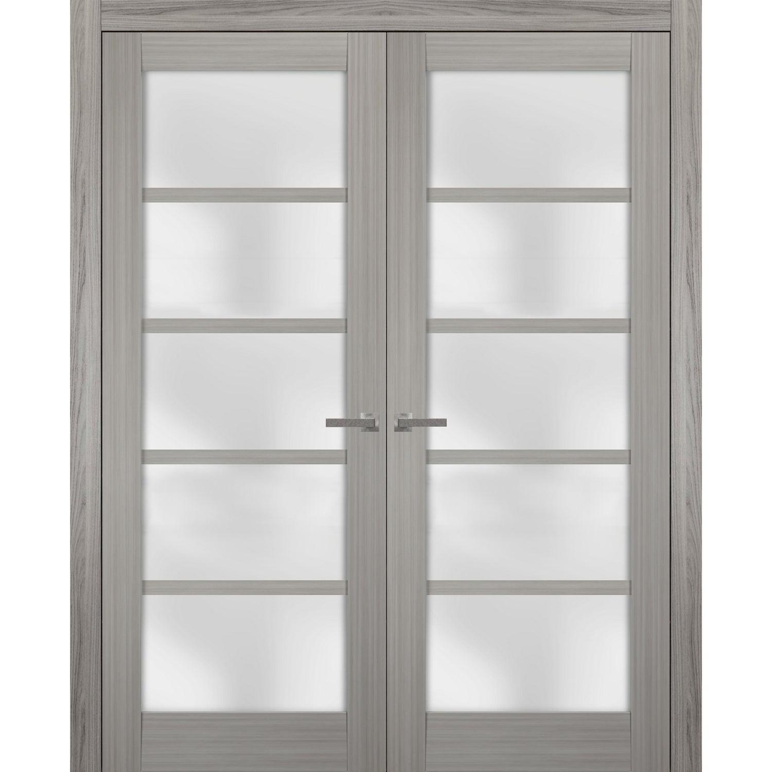 Solid French Double Doors 56 x 84 inches Frosted Glass | Quadro 4002 Grey Ash | Wood Solid Panel Frame Trims | Closet Bedroom Sturdy Doors