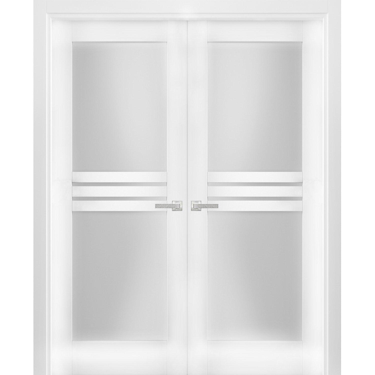 White Silk MDF French Double Doors with Opaque Glass Panels