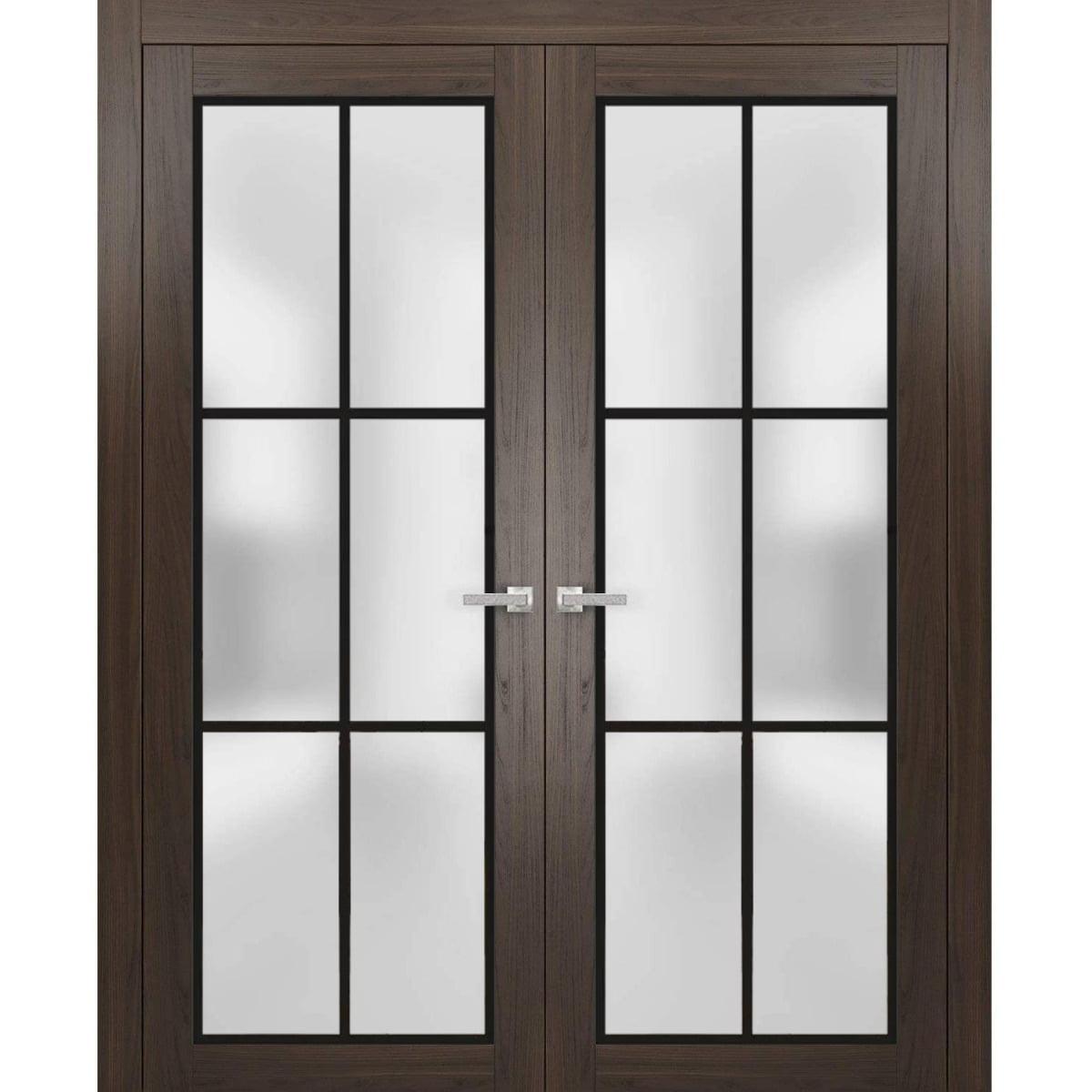 Chocolate Ash French Double Doors with Frosted Glass Panels, 60 x 80 inches