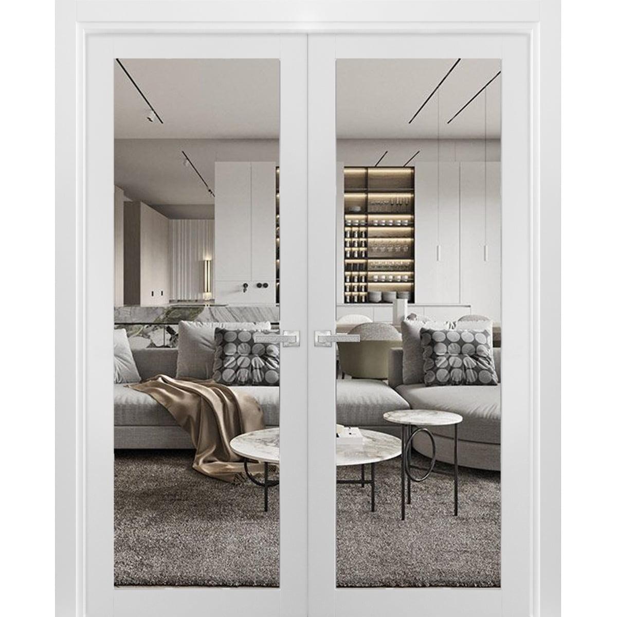 Solid French Double Doors Clear Glass | Lucia 2166 White Silk | Wood Solid Panel Frame Trims | Closet Bedroom Sturdy Doors-36" x 80" (2* 18x80)-Clear Glass