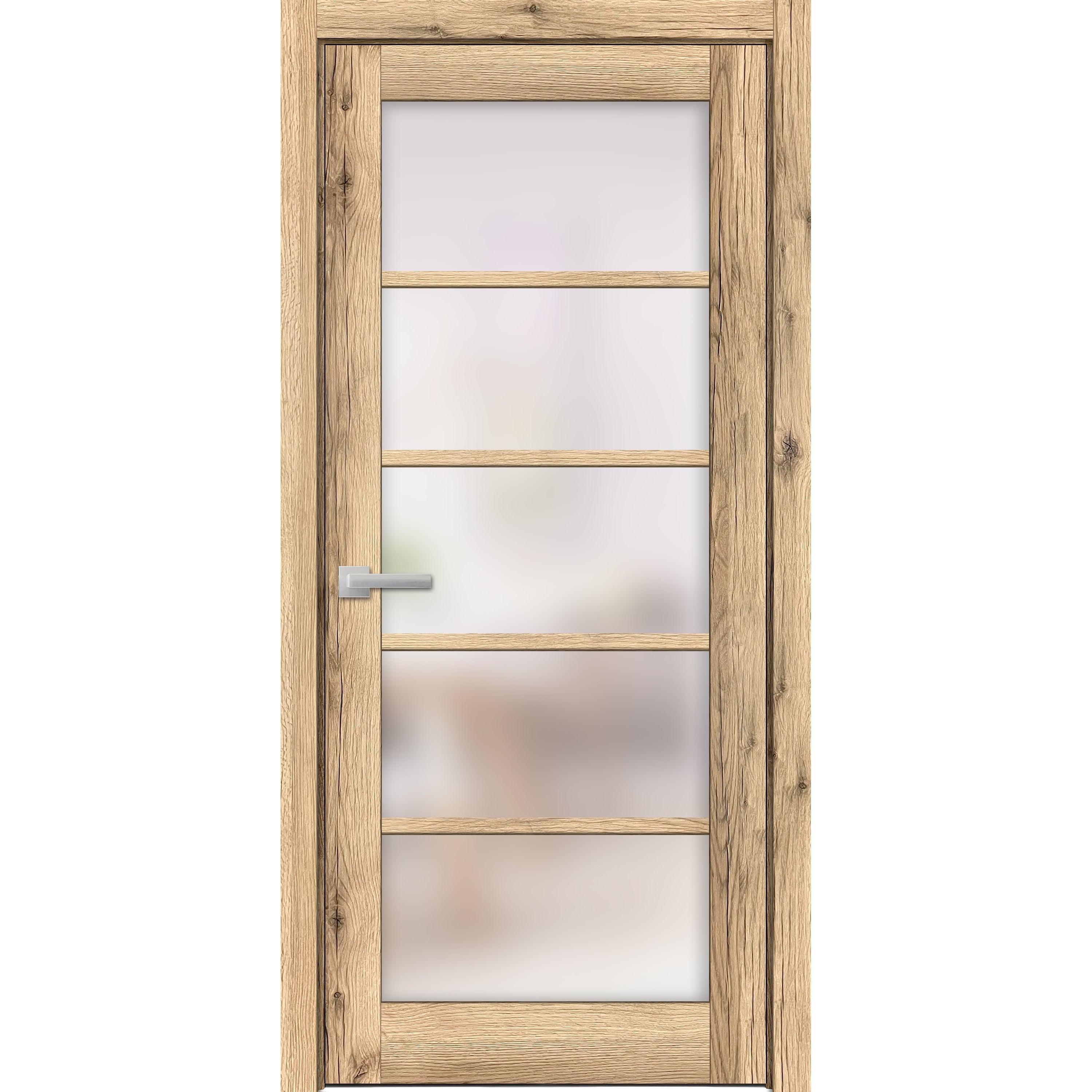 SARTODOORS Solid French Pre-Hung Door Frosted Glass | Quadro 4002 | Single Regular Panel Frame Trims Handle | Bathroom Bedroom Sturdy Doors