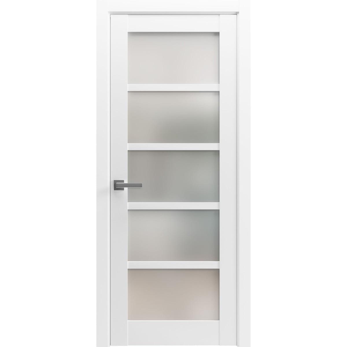 Solid Interior French Pre-Hung Door | Quadro 4002 White Silk with Frosted Glass | Single Regular Panel Frame Trims Handle | Bathroom Bedroom Sturdy Doors -30" x 80"-Frosted