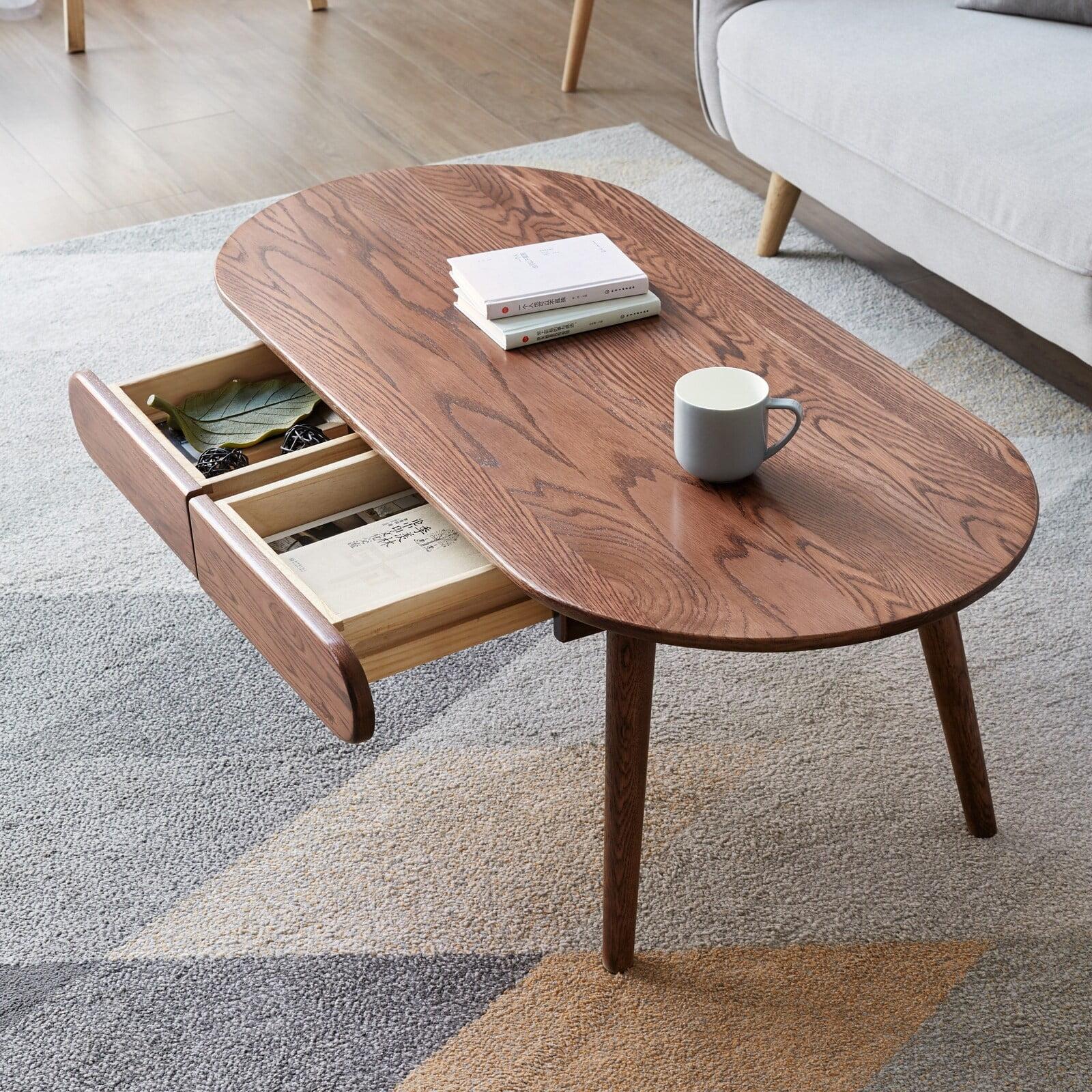 Solid Oak Oval Coffee Table with Storage Drawers