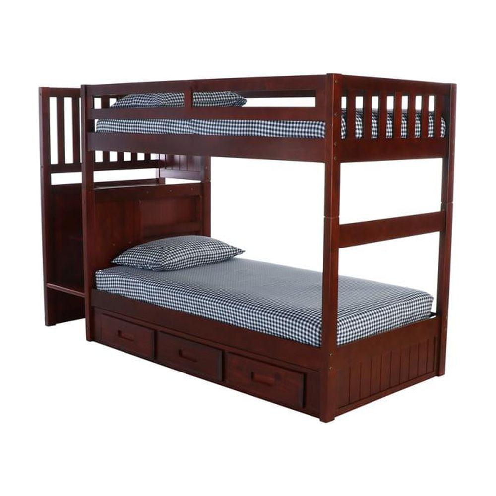 Rich Merlot Twin Over Twin Pine Bunk Bed with Storage Drawers