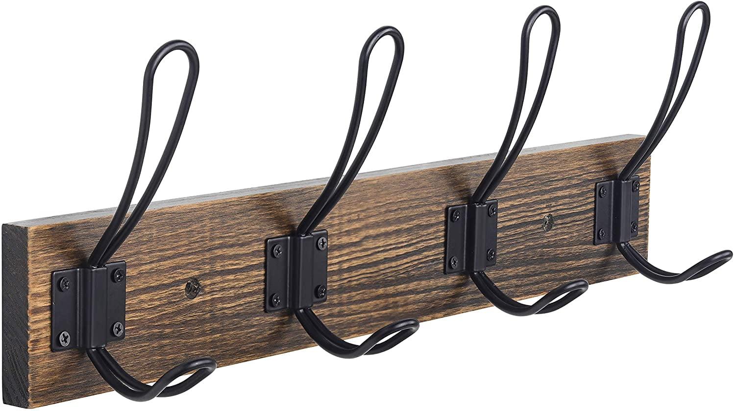 Brown Pine Wood Wall-Mounted Coat Rack with Black Hooks