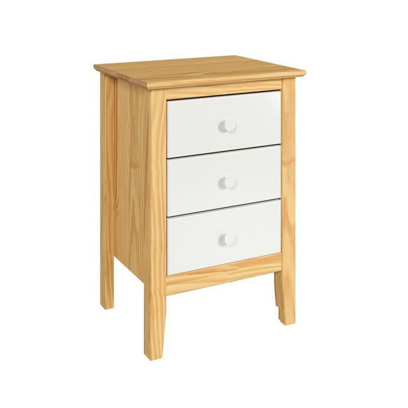 Solid Wood 3 Drawer End Table with White Front, White & Natural Knobs, Natural
