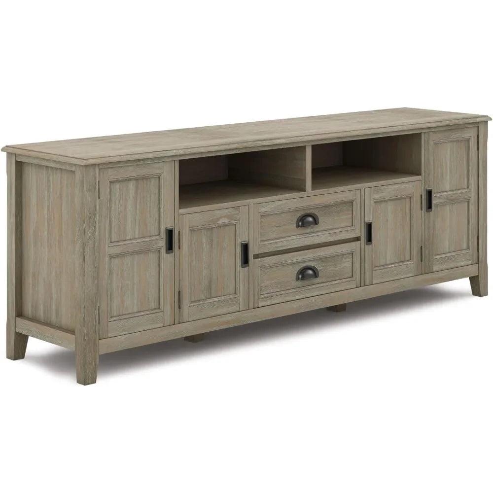 Burlington Solid Pine 72" TV Media Stand in Distressed Grey with Cabinet