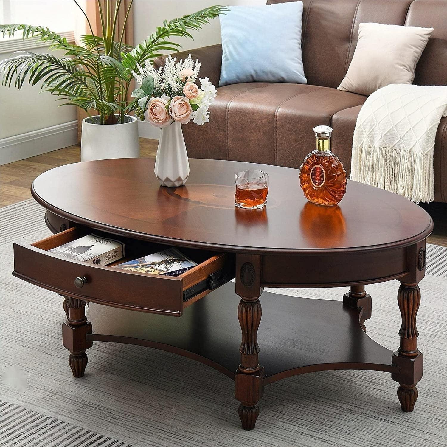 Victorian Cherry Oval Wood Coffee Table with Storage Drawer