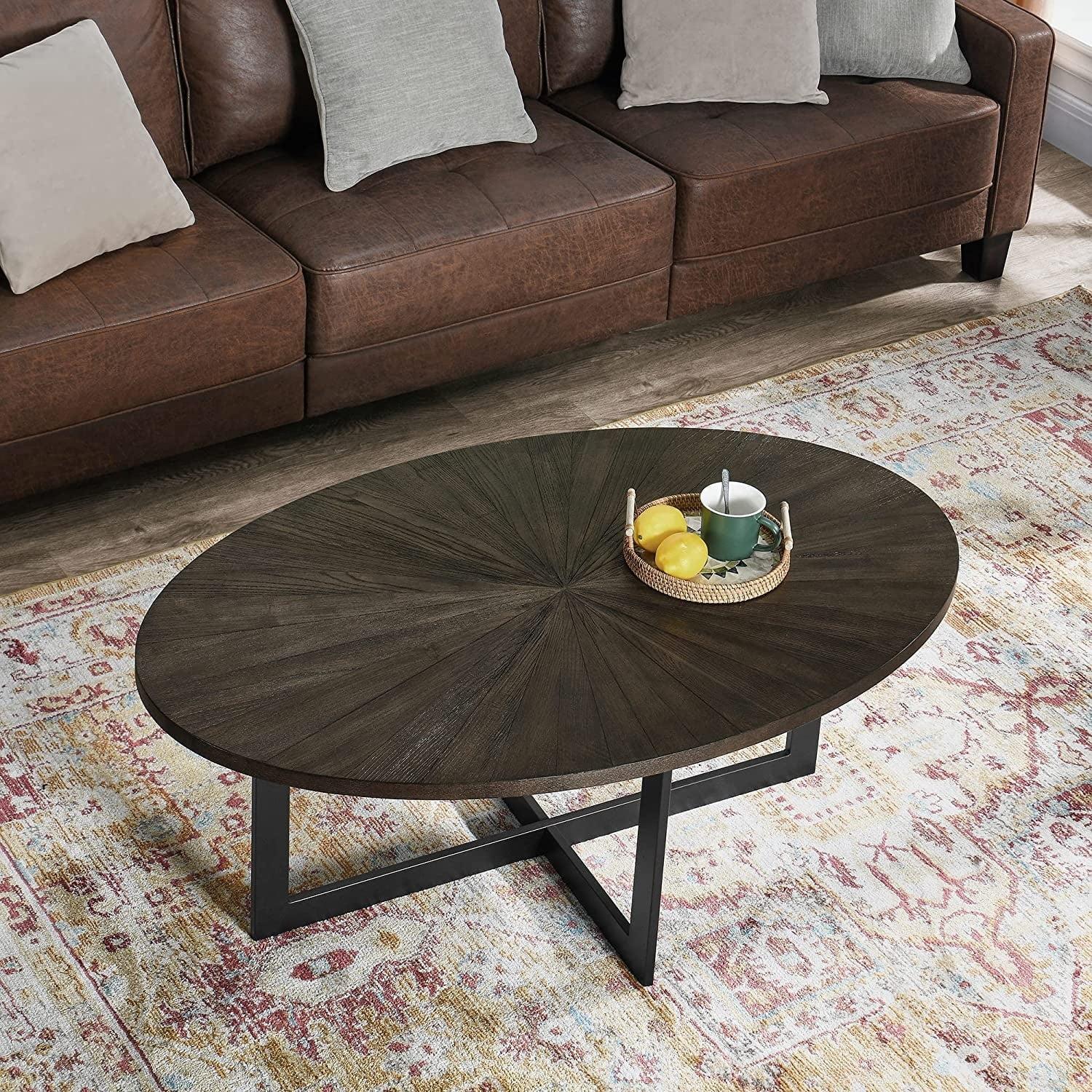 Solid Wood Oval Coffee Table with Black Cross Metal Legs