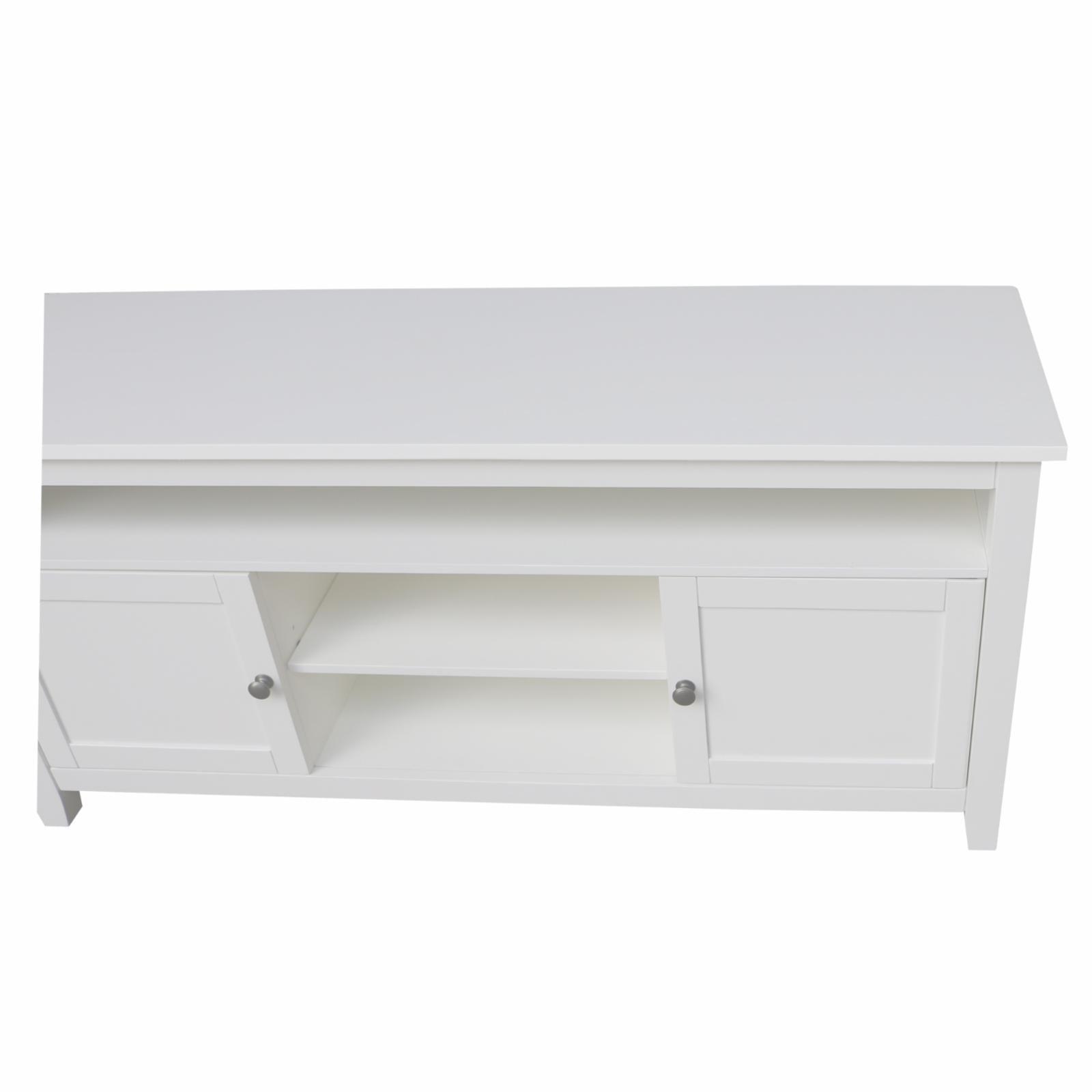 Classic Solid Wood White TV Stand with Open Shelves and Cabinet