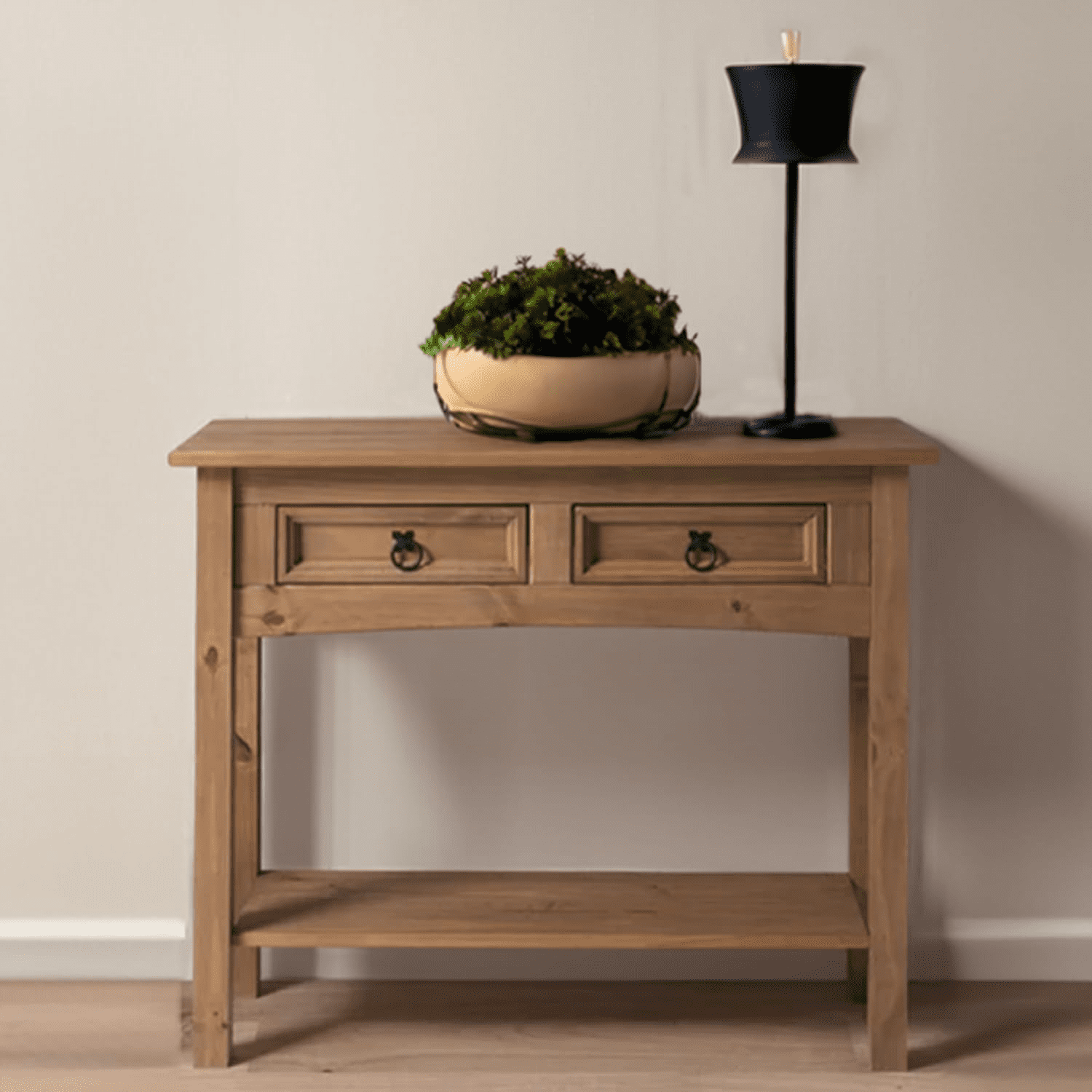 Antique Brown Solid Wood Console Table with Metal Handles and Storage