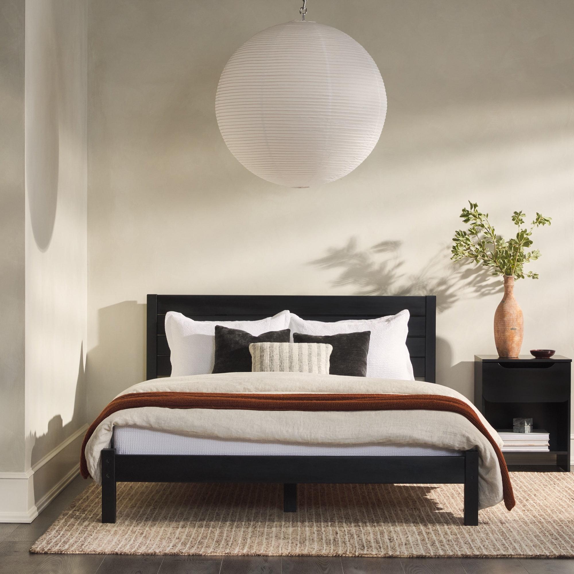 Solid Wood Minimalist Boho Queen Bed with Simple Headboard - Black