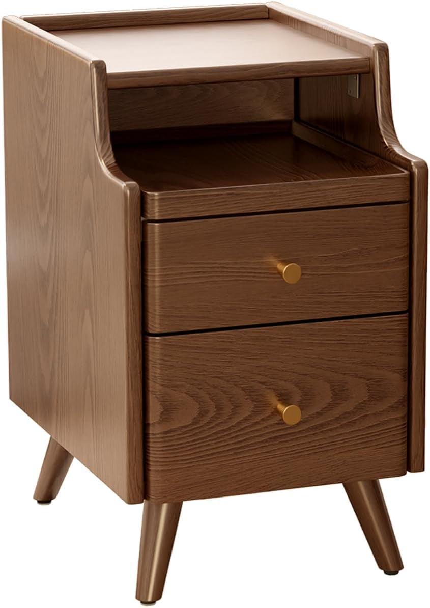 Walnut Solid Wood Nightstand with 2 Drawers and Brass Handles