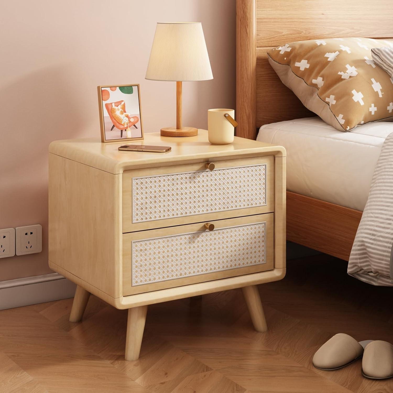 Natural Solid Wood and Rattan 2-Drawer Nightstand