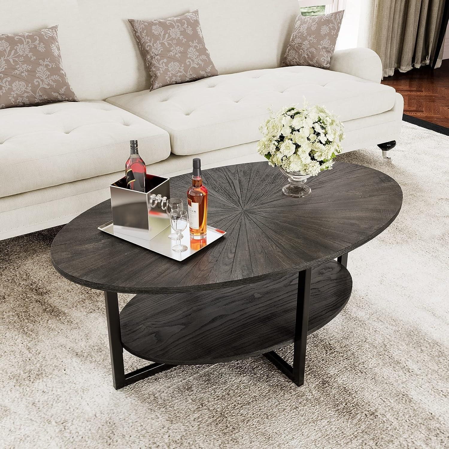 Black Oval Ash Wood Coffee Table with Cross Metal Legs