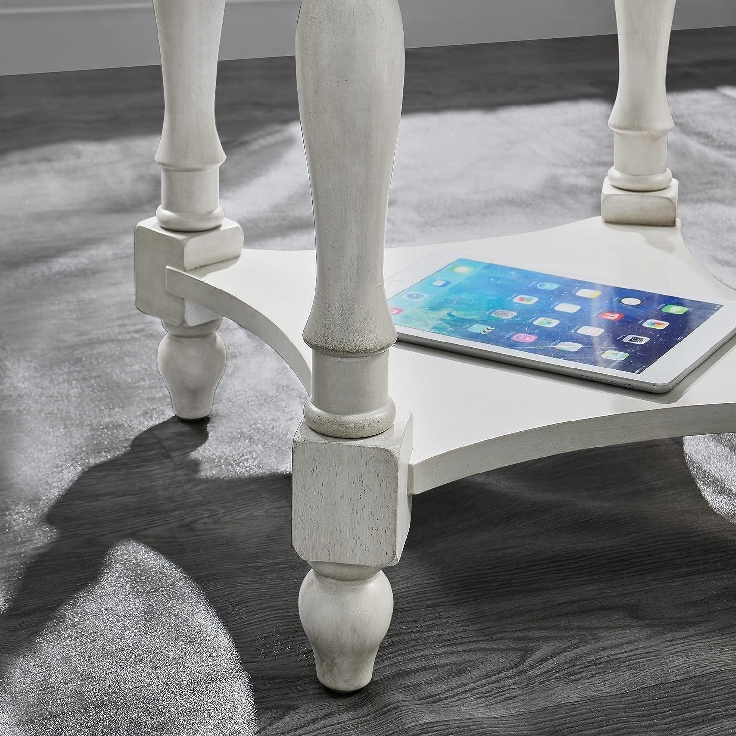 Solid Wood Oval End Table Sofa Table with Drawer and Storage Shelf Antique White - End Table