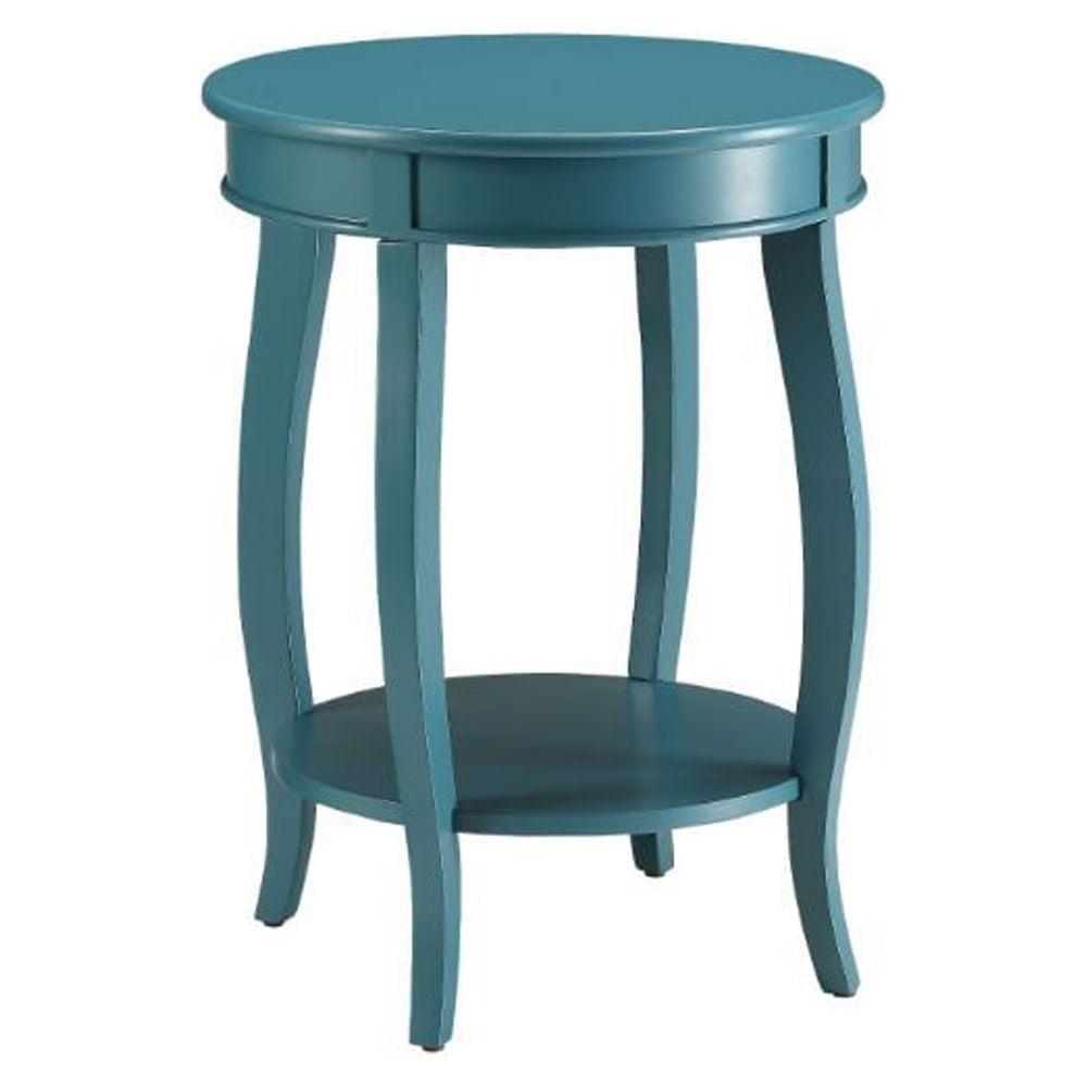 Teal Round Wood Side Table with Bottom Shelf