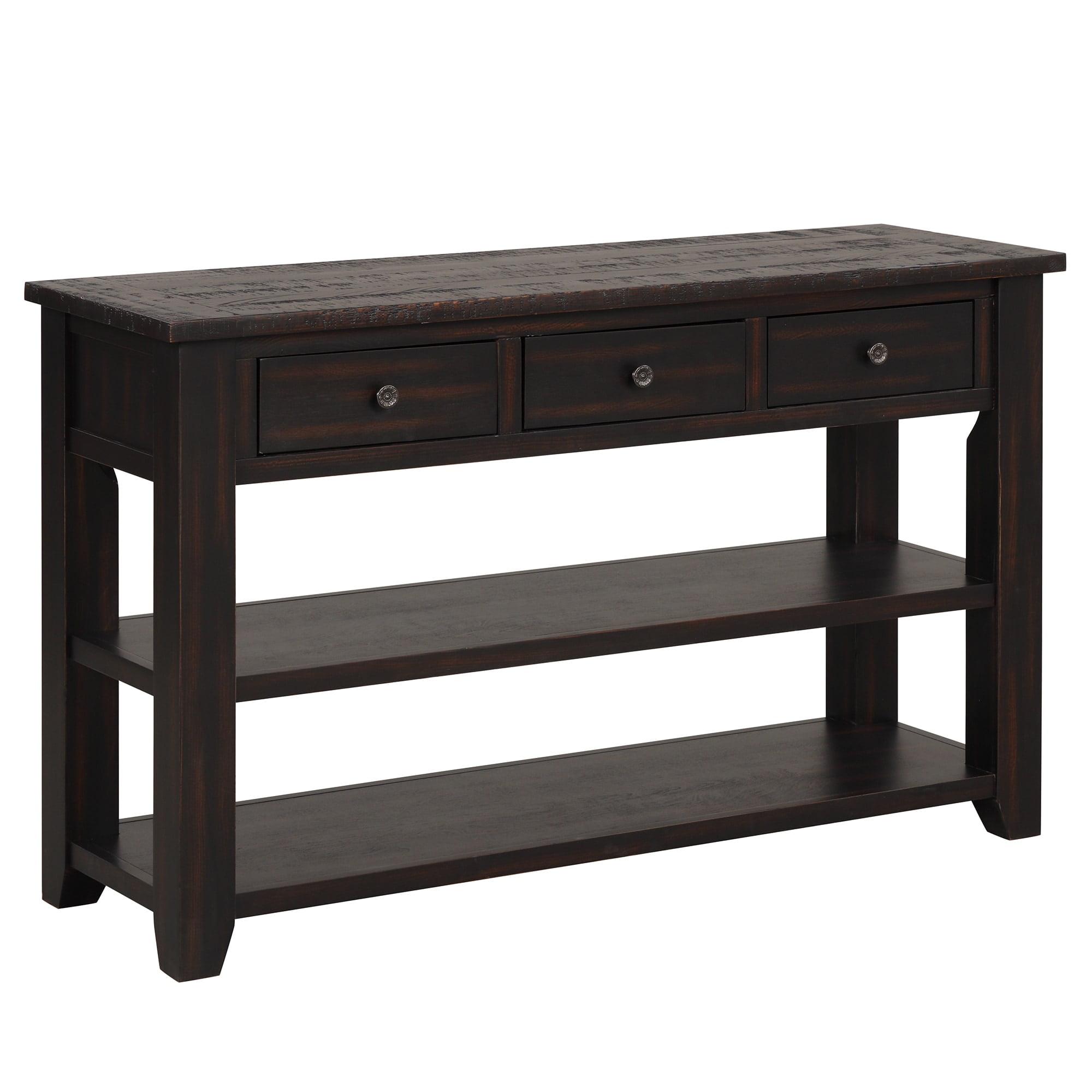 Black Solid Wood Console Table with Storage Drawers and Shelves