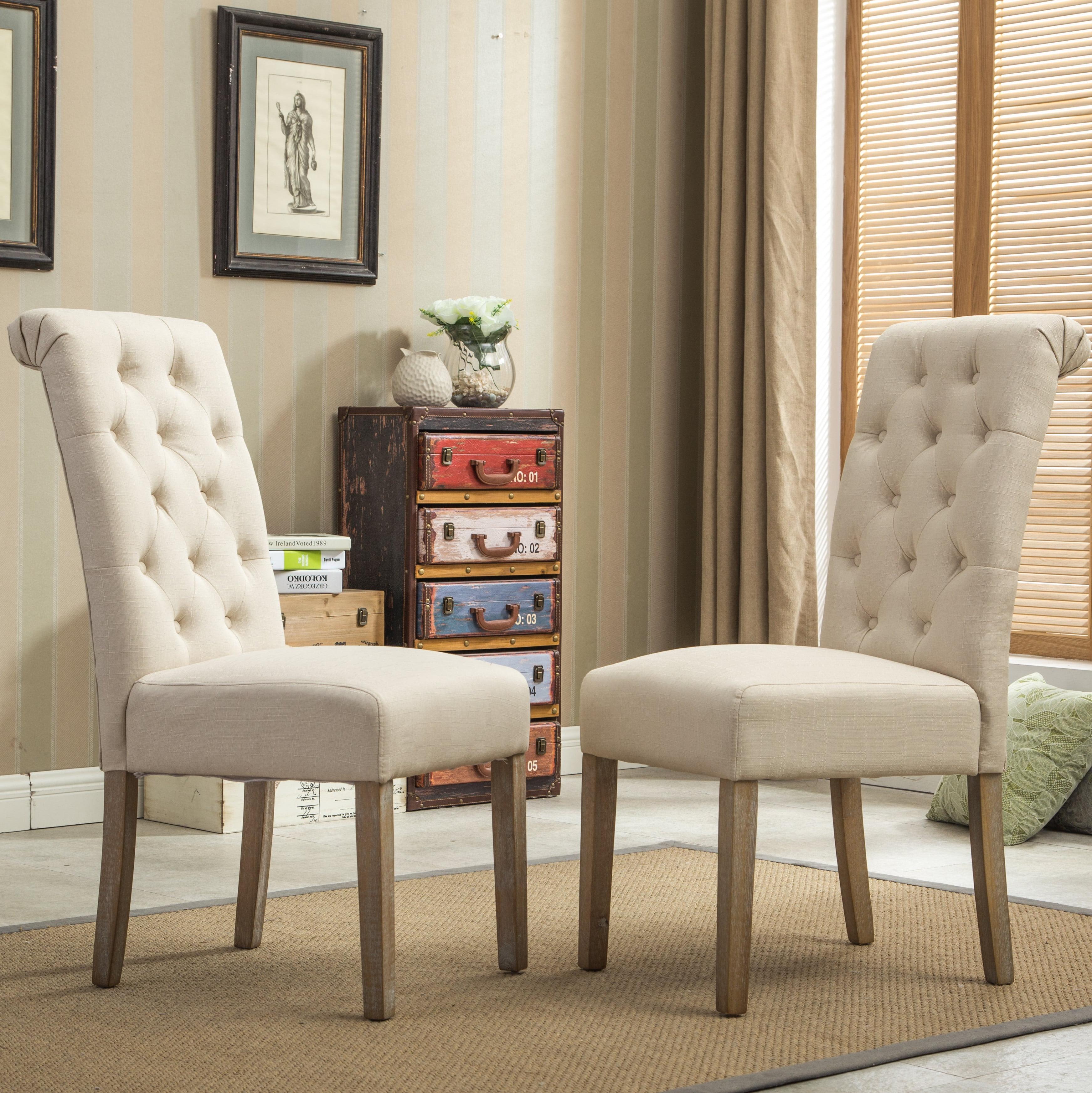 High-Back Tan Linen Upholstered Parsons Side Chair with Wood Frame