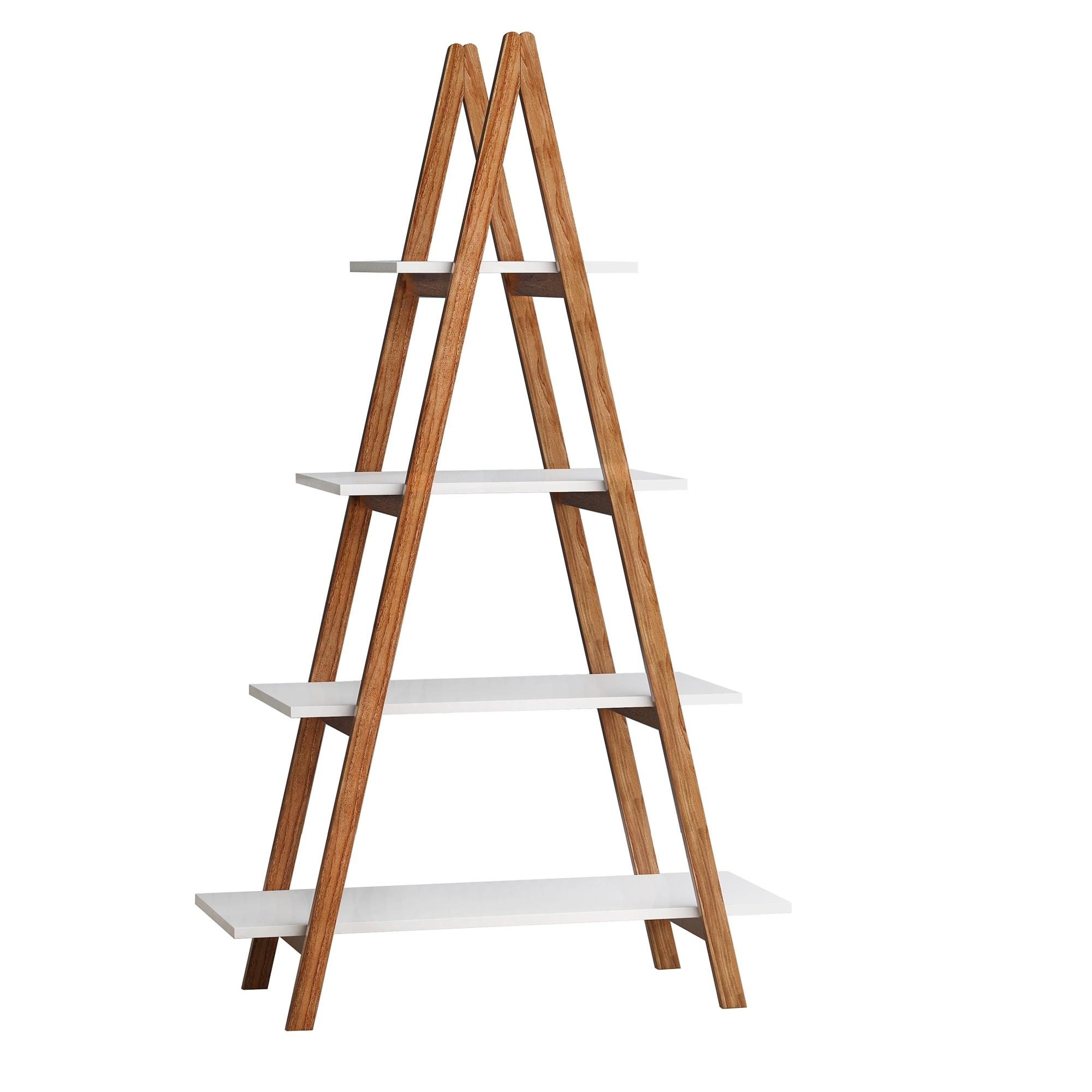 White and Bamboo Wood A-Frame Ladder Shelf