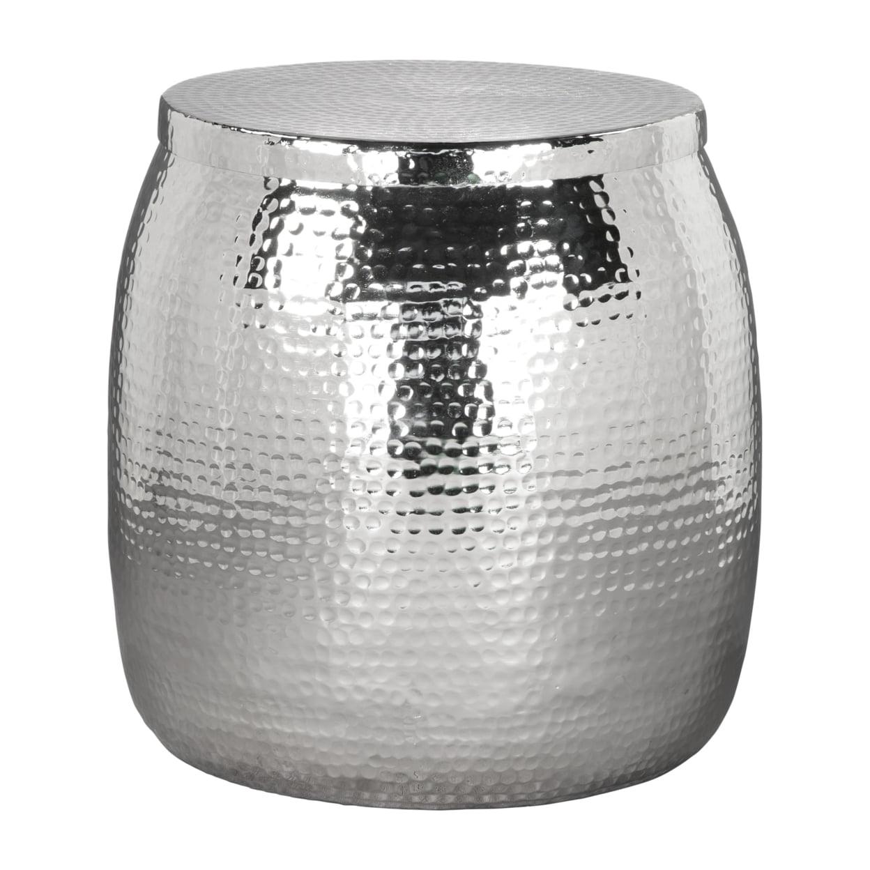 Silver Hammered Metal Drum Accent Table