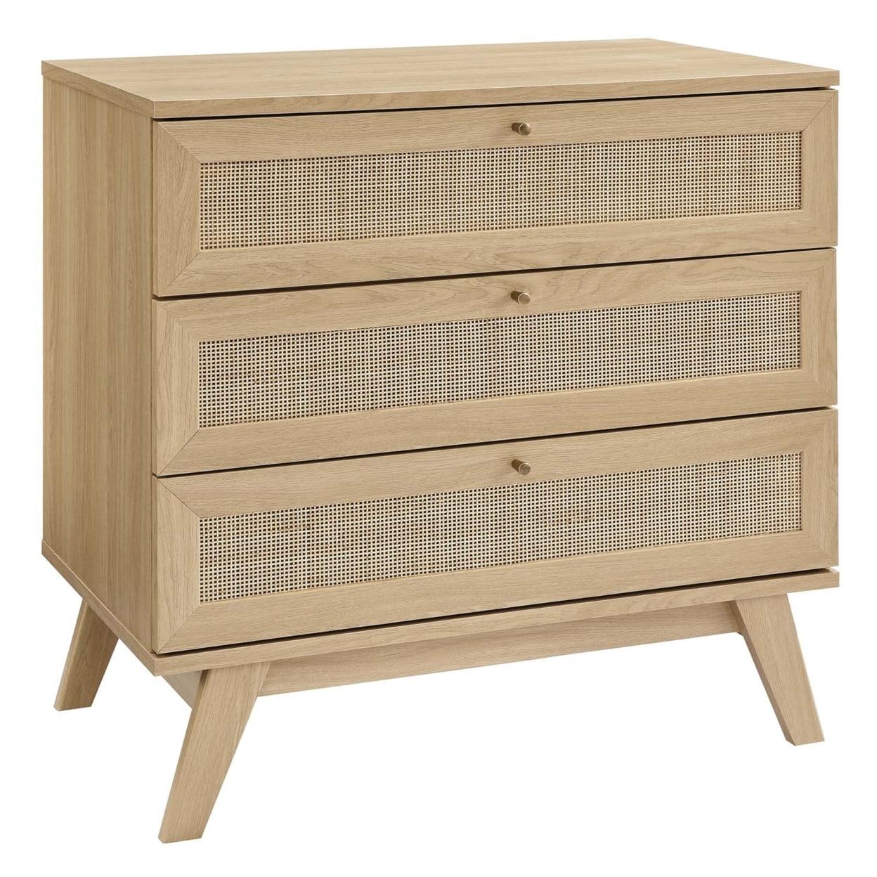 Coastal Charm Oak 3-Drawer Dresser with Rattan Weave