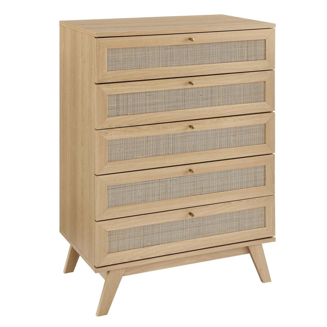 Soma Oak 5-Drawer Chest with Rattan Weave and Splayed Legs