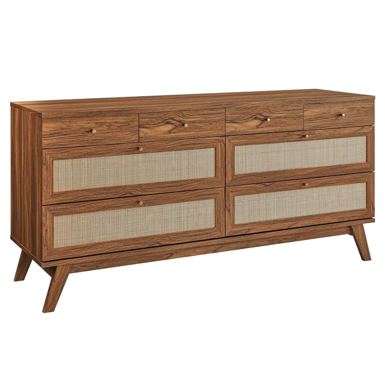 Walnut Double 8-Drawer Dresser with Rattan Weave