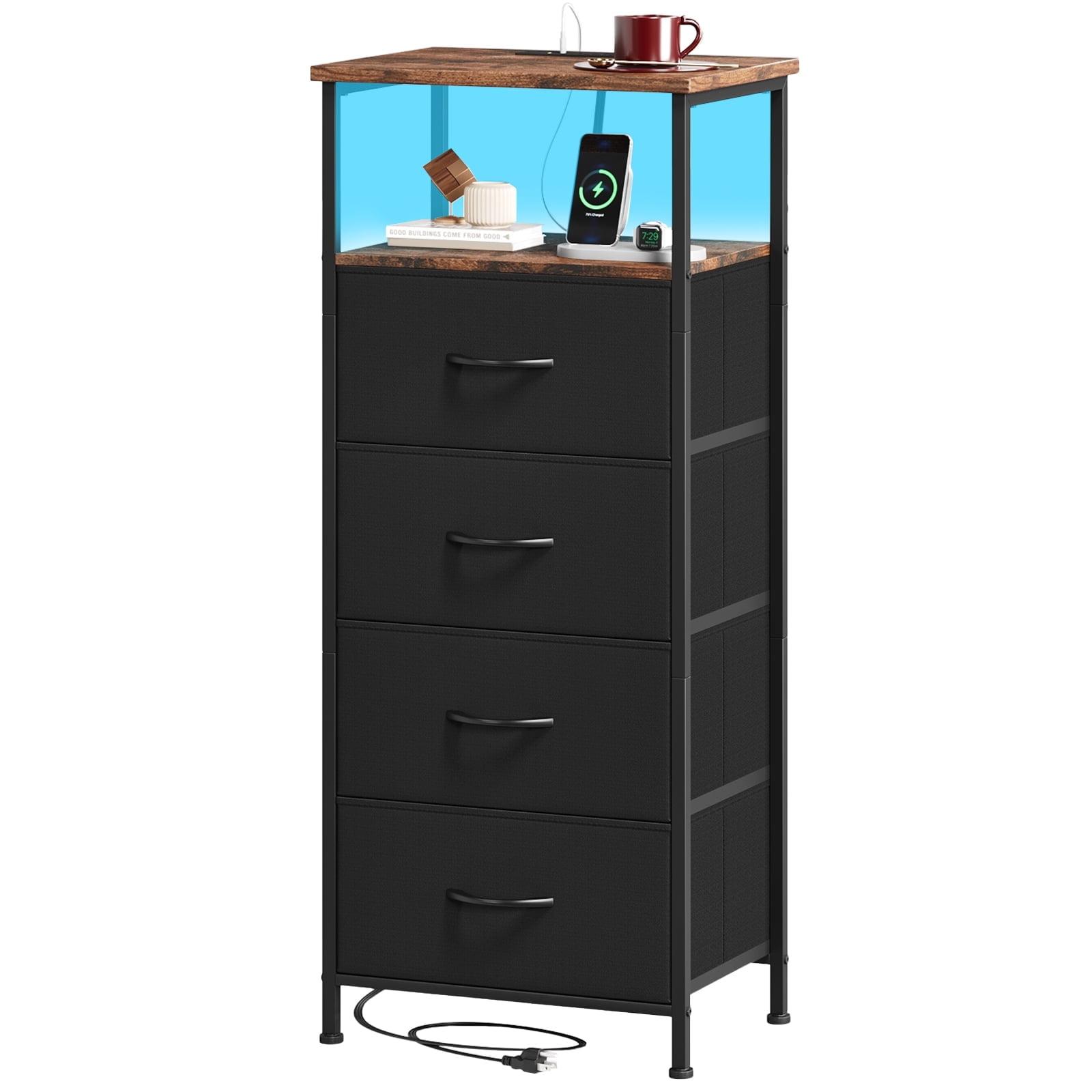 Eunos Black Dresser for Bedroom, 4 Drawer Nightstand with Charging Station, LED and Open Shelf