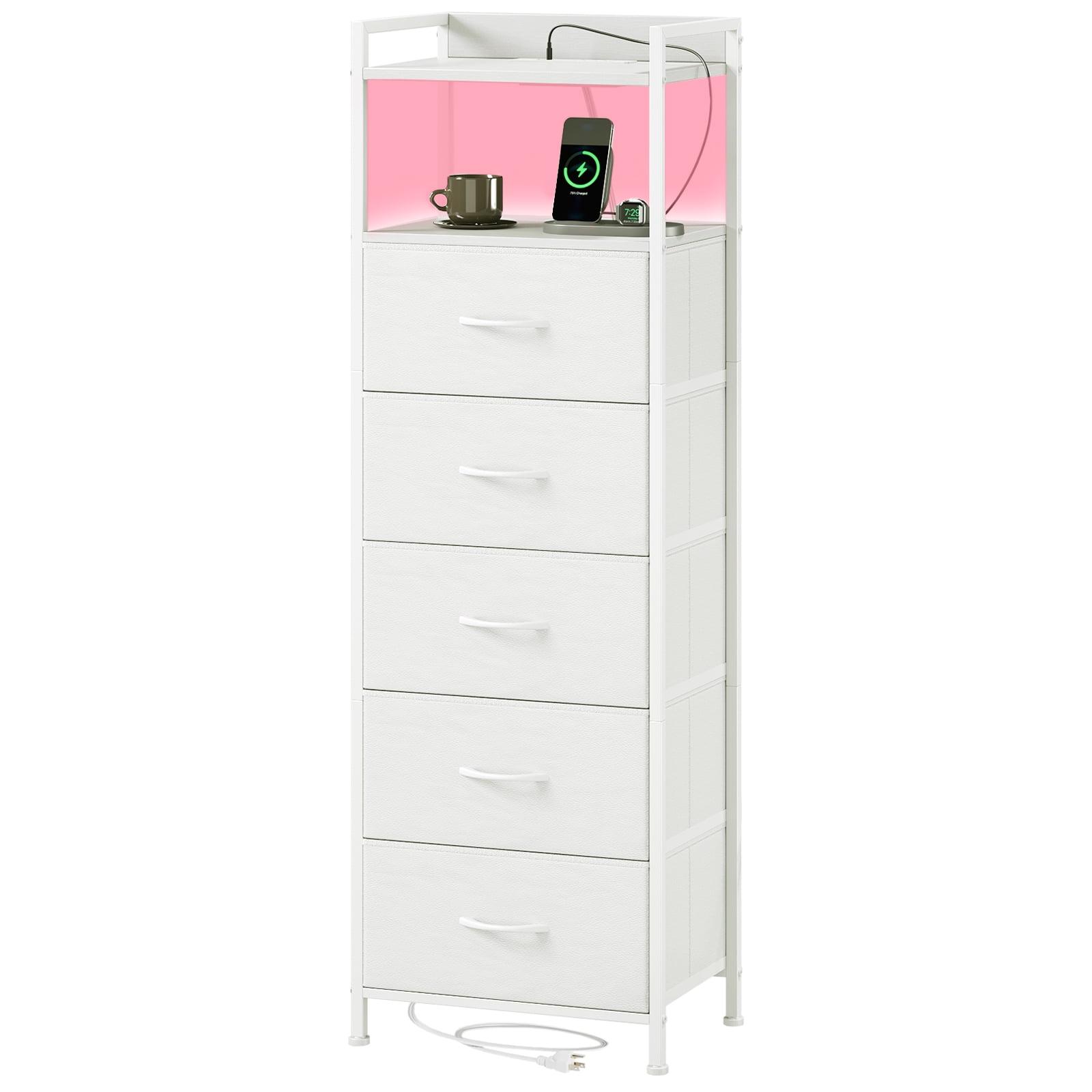 Eunos White Tall Nightstand with Charging Station, 5 Fabric Drawer Dresser for Bedroom with LED and Handle