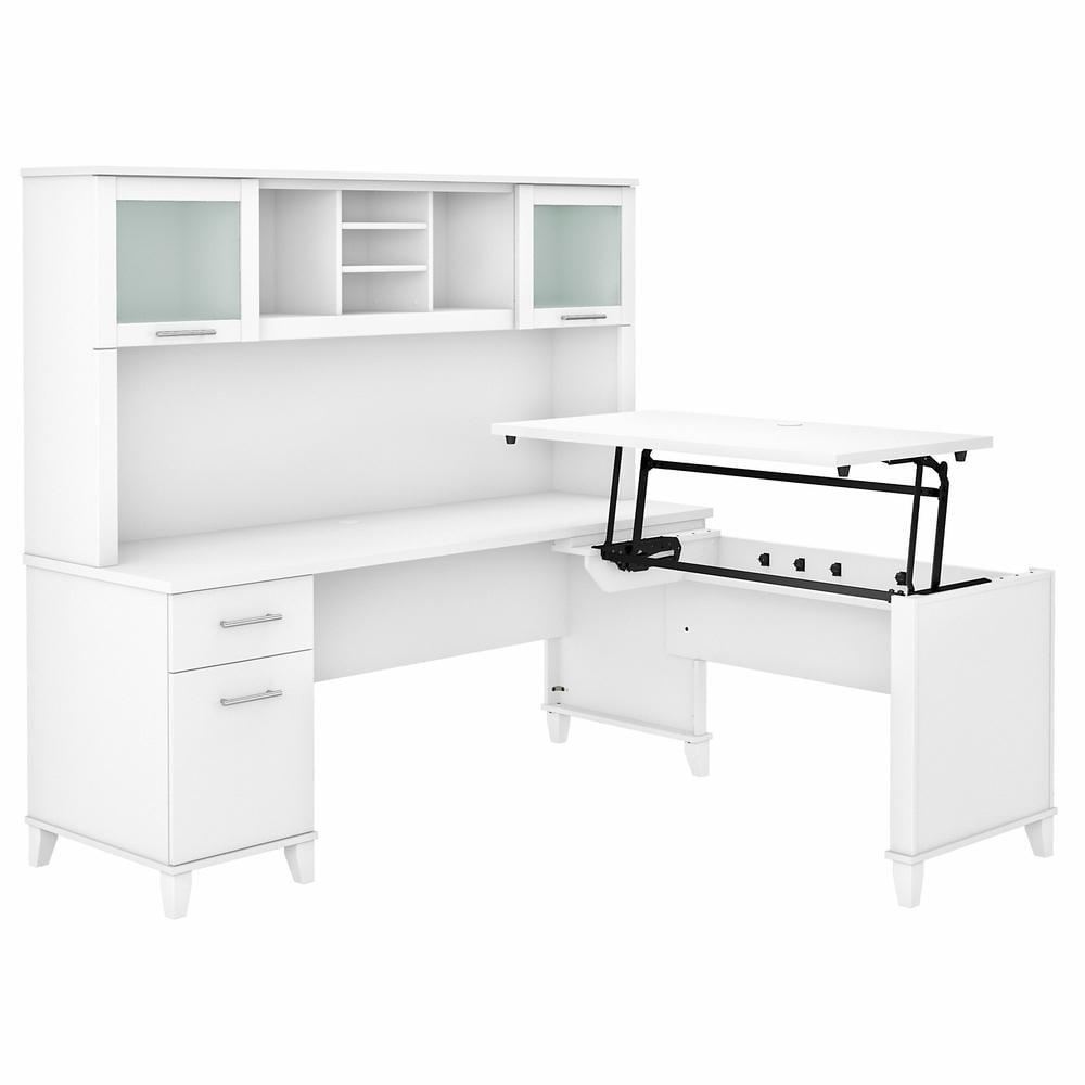 White Adjustable Height L-Shaped Desk with Hutch and Filing Cabinet