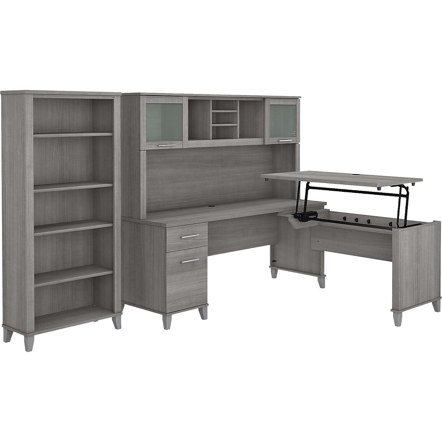 Platinum Gray Transitional L-Shaped Desk with Hutch and Bookcase