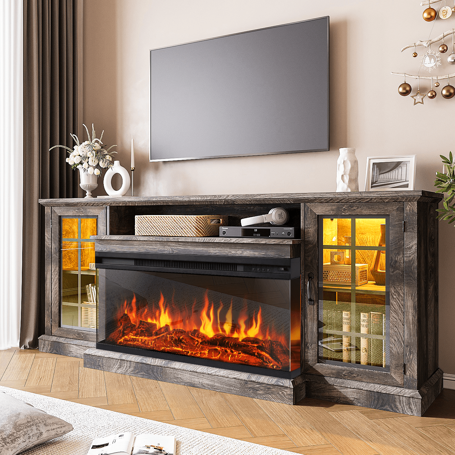 AOXUN 36 Inch 3-Sided Glass Fireplace TV Stand for TVs up to 80", Rustic Media Entertainment Center Console Table with Glass Door Closed Storage, Grey