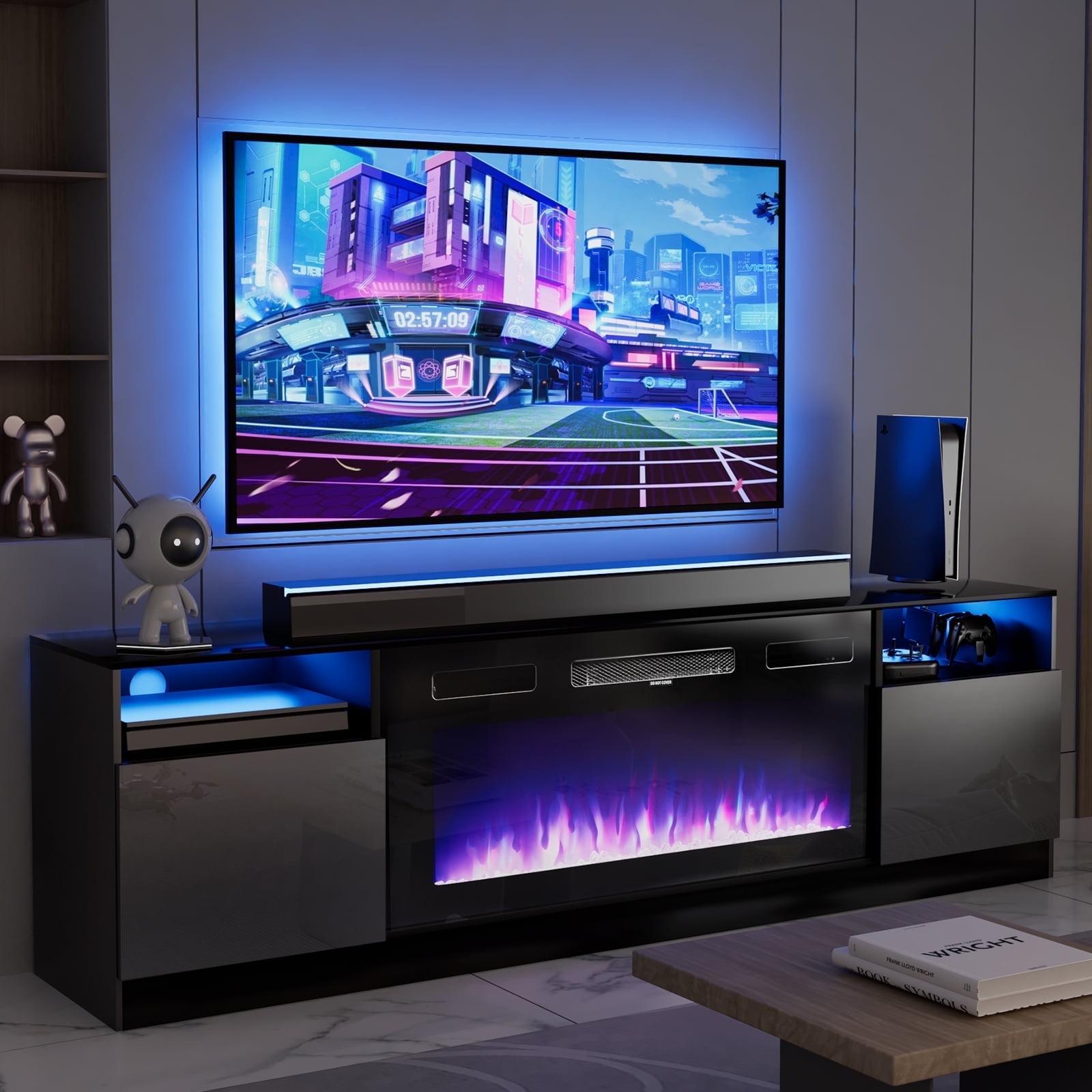 Black 70'' TV Stand with 36'' Electric Fireplace and LED Lights