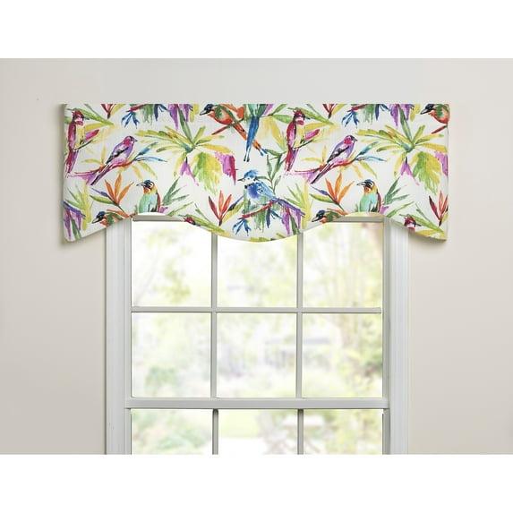 Songbirds tropical purple, blue bright colors on linen shaped valance