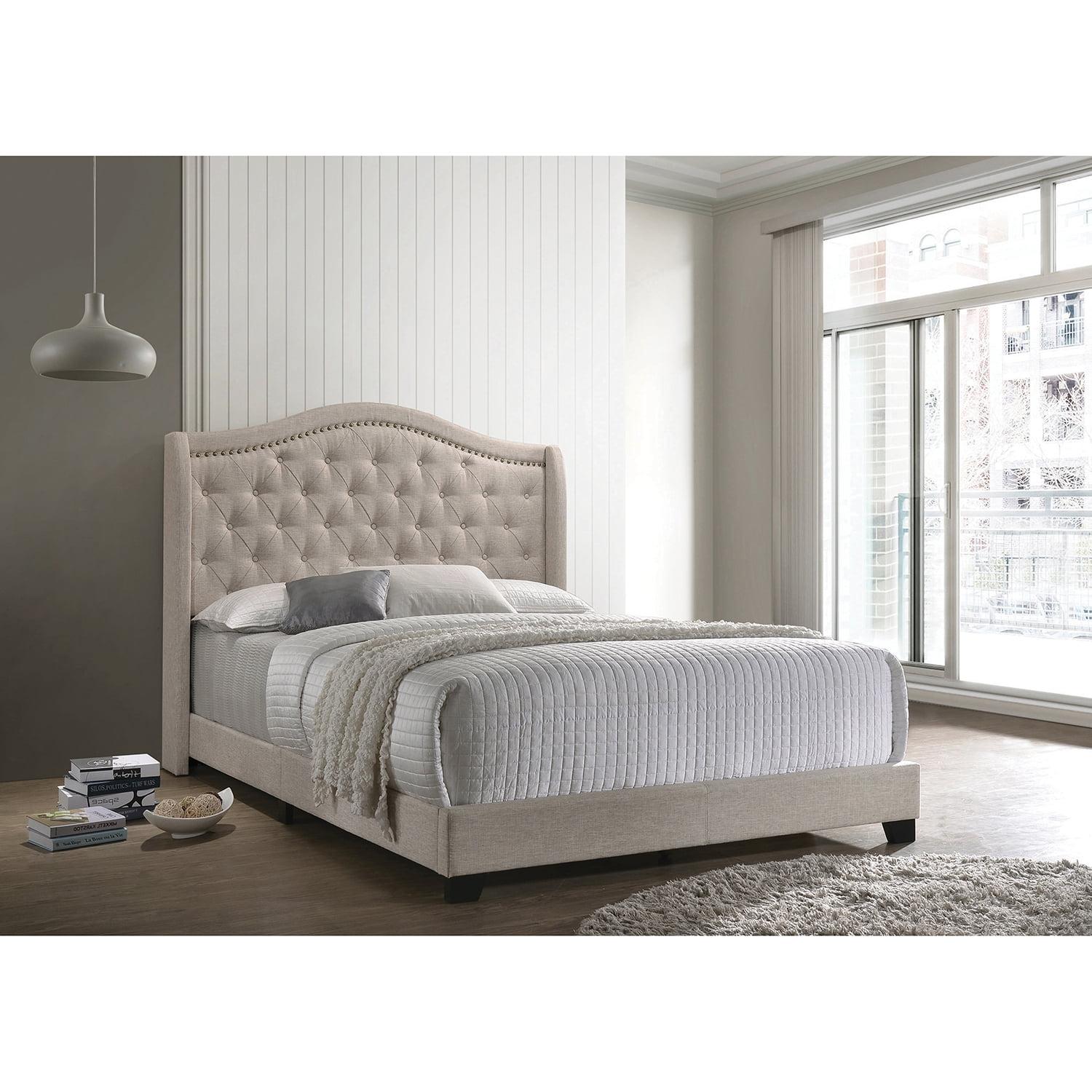 Beige Queen Upholstered Bed with Tufted Headboard and Nailhead Trim