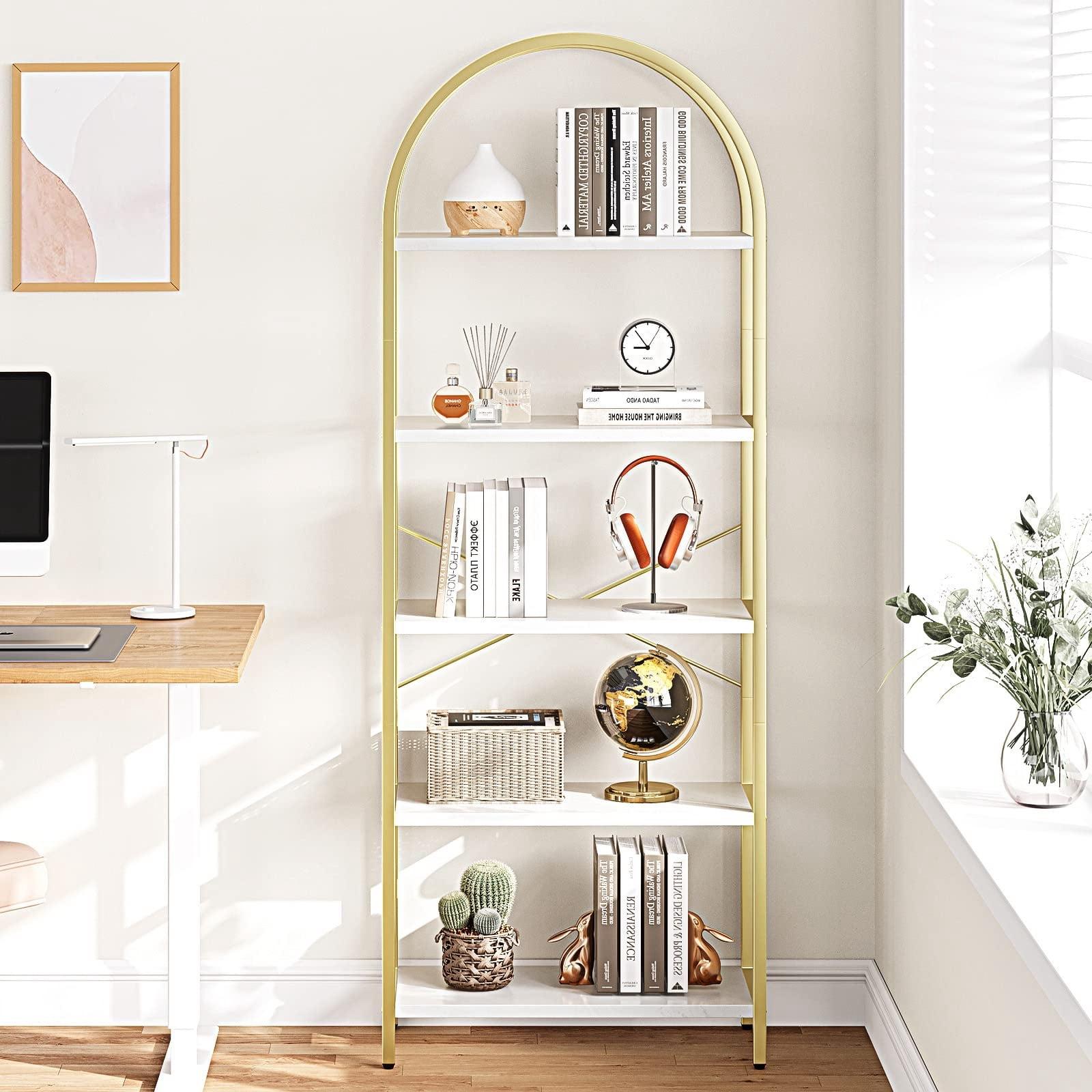 Gold and White Arched 5-Tier Metal and Wood Bookshelf