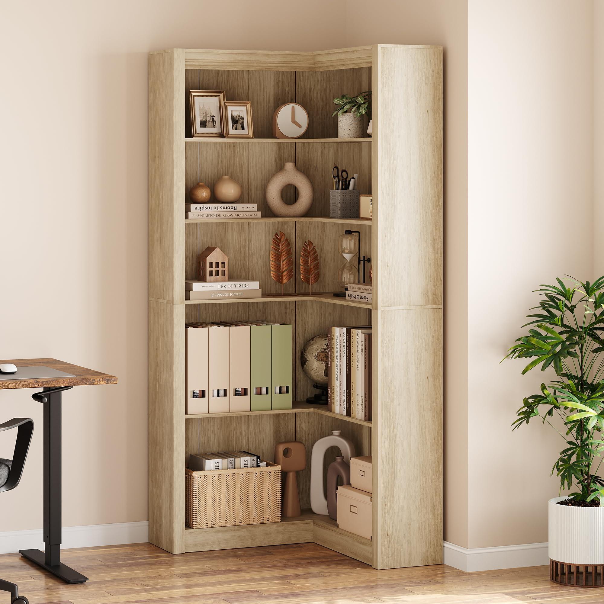 71.8" Gray Farmhouse Bookcase, L-Shaped Corner Bookshelf with 5-Tier Storage, Heavy Duty Shelf for Living Spaces