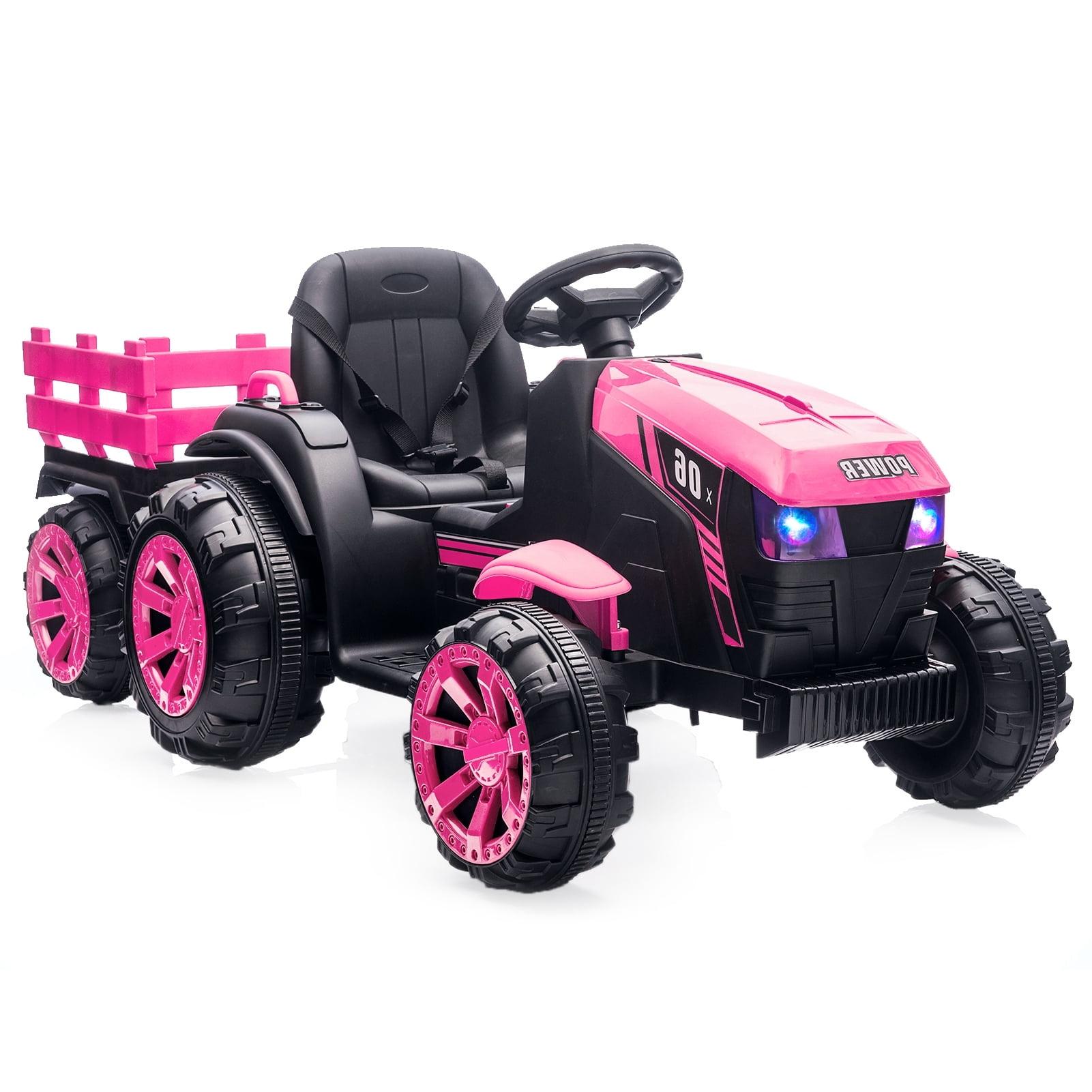 KTENME 2024 New Kids Ride on Tractor with Trailer and Remote Control, 12V Battery Powered Electric Vehicle Car Toys with 6 Wheels, 35W Dual Motors, Led Lights, Music, Gift for Boys Girls