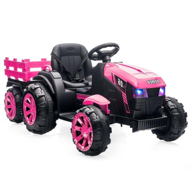 KTENME 2024 New Kids Ride on Tractor with Trailer and Remote Control, 12V Battery Powered Electric Vehicle Car Toys with 6 Wheels, 35W Dual Motors, Led Lights, Music, Gift for Boys Girls