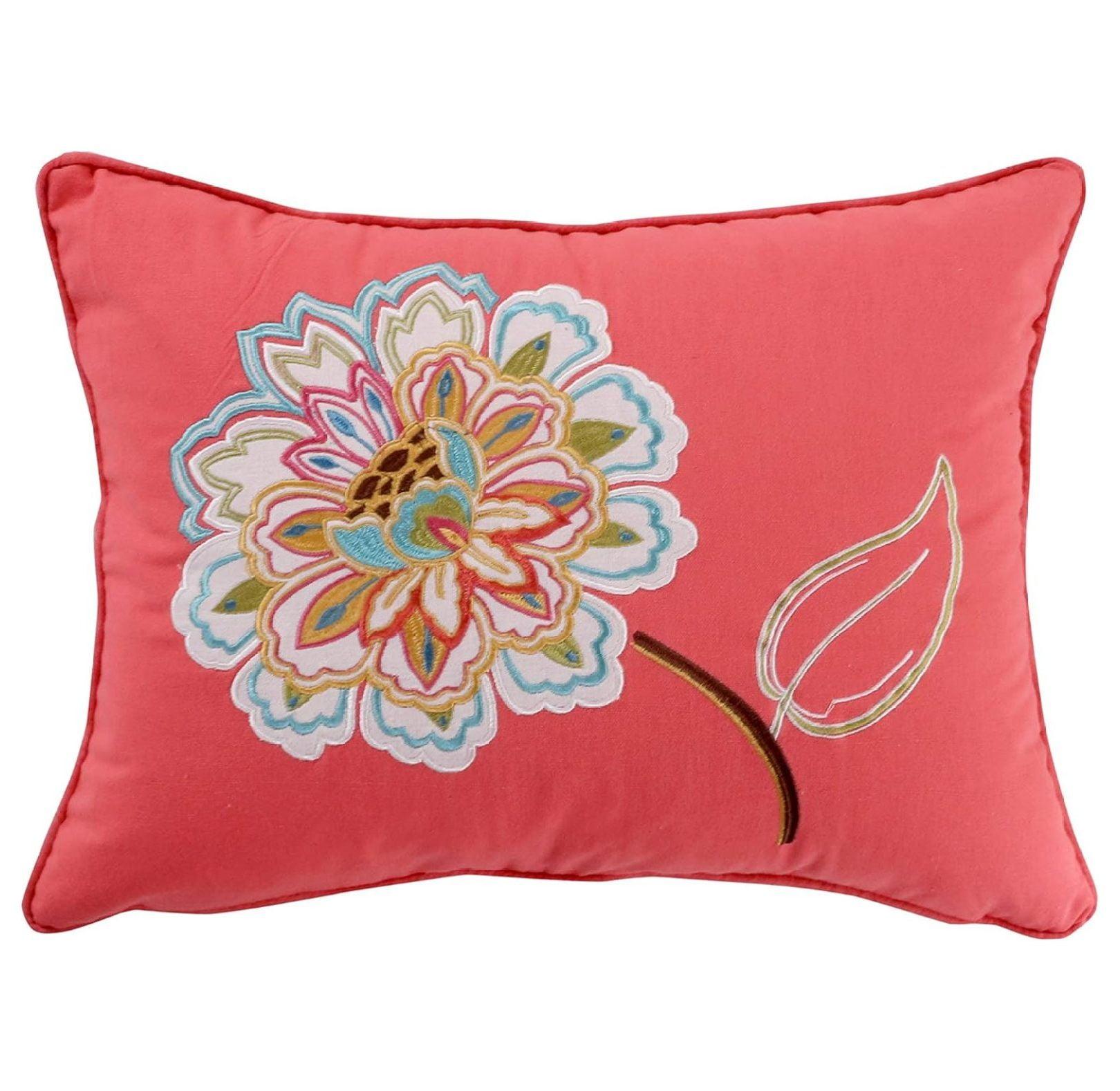 Coral Embroidered Floral Lumbar Pillow with Feather Fill