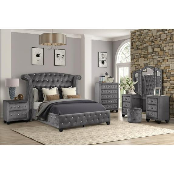 Sophia Full 5 Pc Vanity Upholstery Bedroom Set Made With Wood in Gray