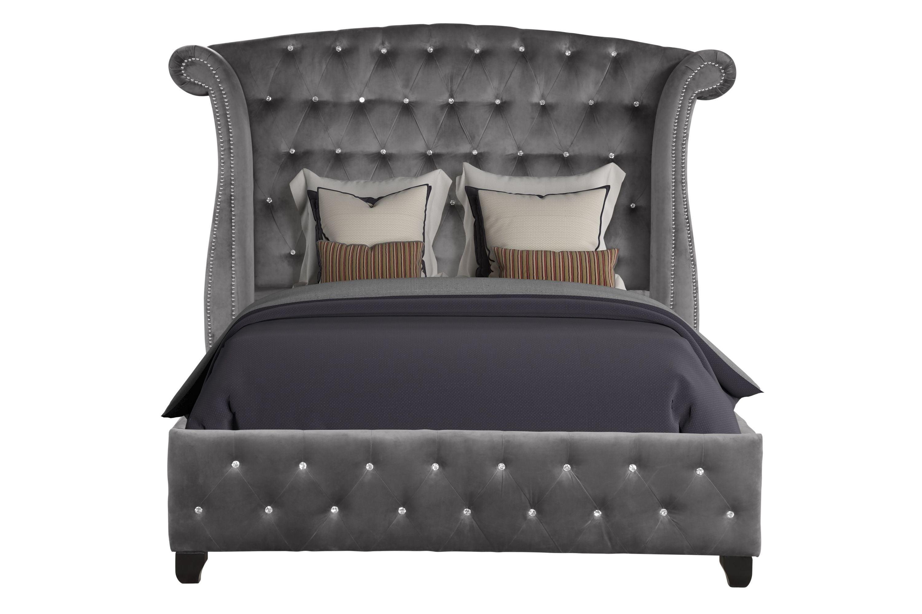 Gray Velvet Queen Bed with Tufted Upholstered Headboard